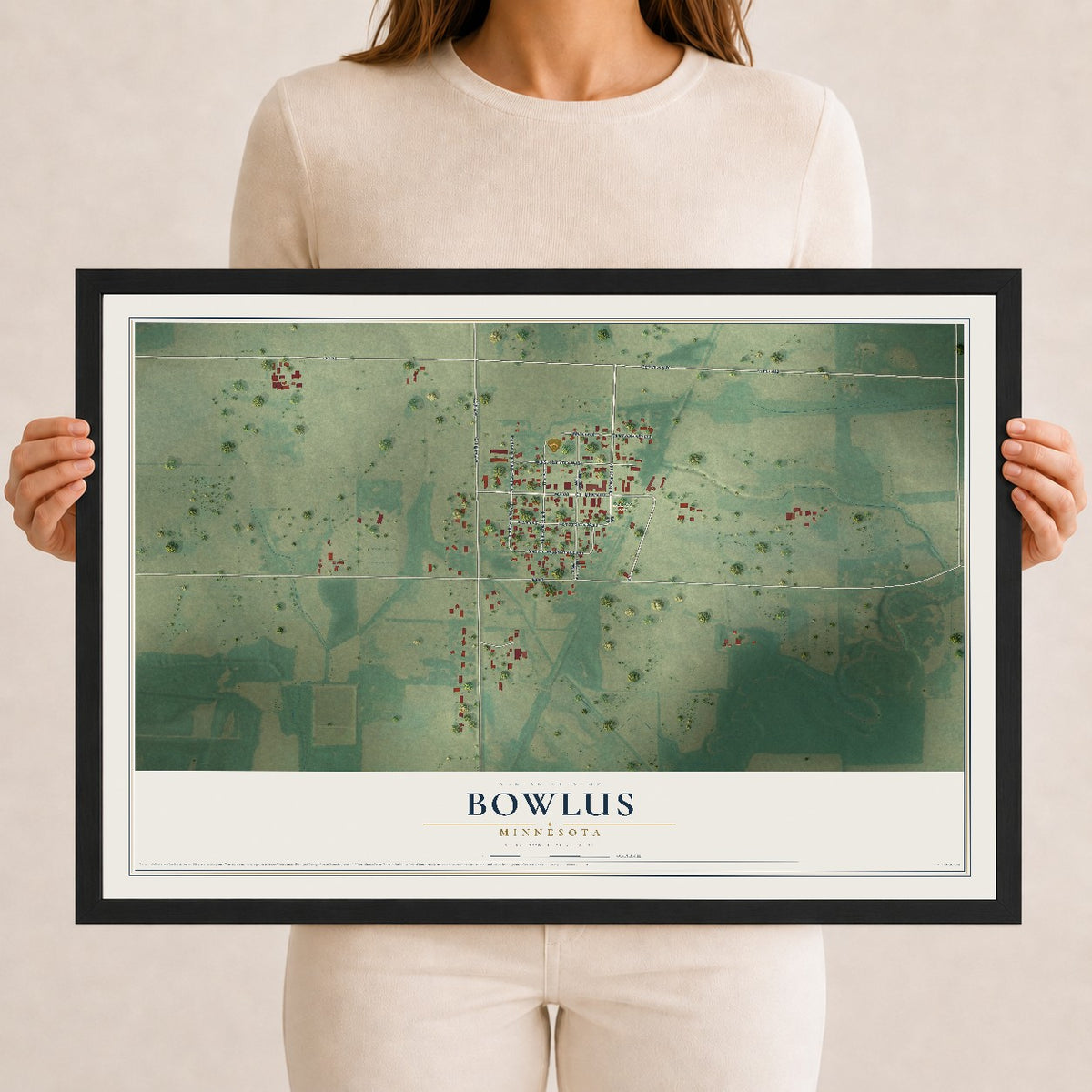 Map of Bowlus, Minnesota, 12 x 18 inch print in a black wood frame
