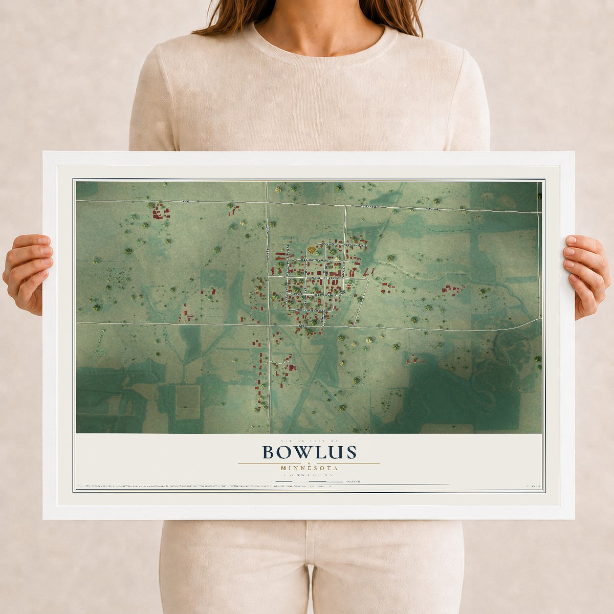 Map of Bowlus, Minnesota, 12 x 18 inch print in a white wood frame