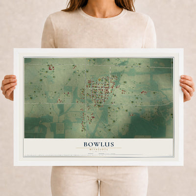Map of Bowlus, Minnesota, 12 x 18 inch print in a white wood frame