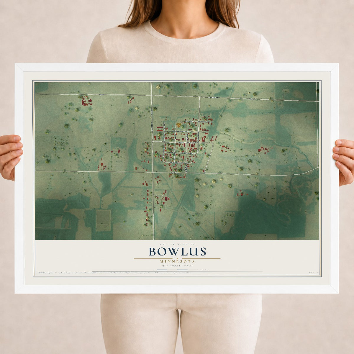 Map of Bowlus, Minnesota, 18 x 24 inch print in a white wood frame