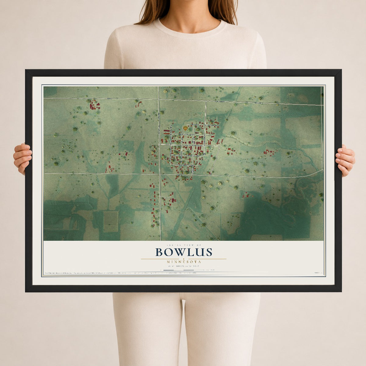 Map of Bowlus, Minnesota, 24 x 36 inch print in a black wood frame