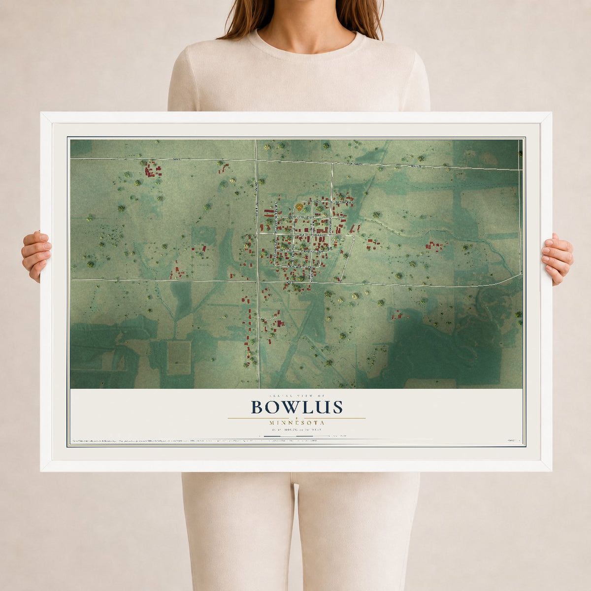 Map of Bowlus, Minnesota, 24 x 36 inch print in a white wood frame