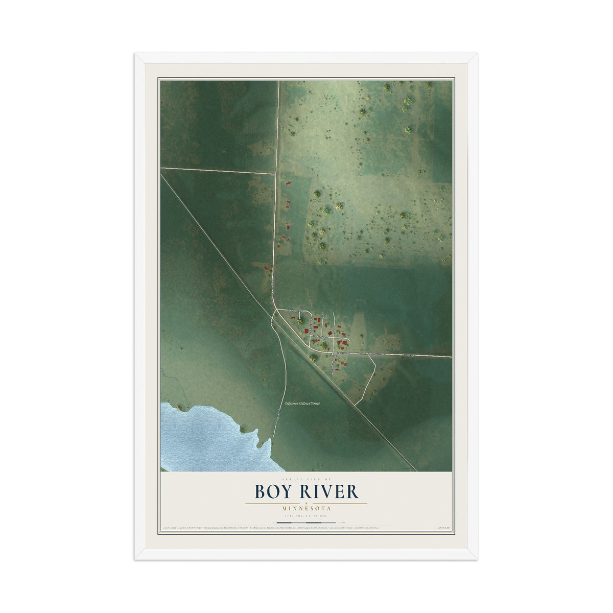 Map of Boy River, Minnesota, 12 x 18 inch print in a white wood frame