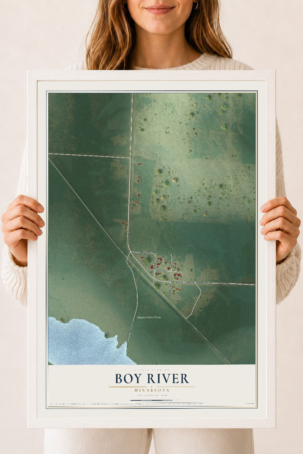 Map of Boy River, Minnesota, 18 x 24 inch print in a white wood frame