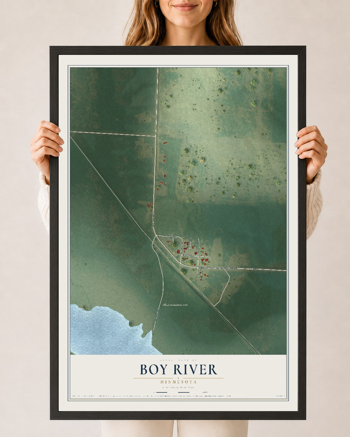 Map of Boy River, Minnesota, 24 x 36 inch print in a black wood frame