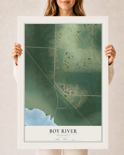 Map of Boy River, Minnesota, 24 x 36 inch print in a white wood frame