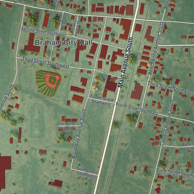 Close-up of the map of Braham, Minnesota print showing street and building detail