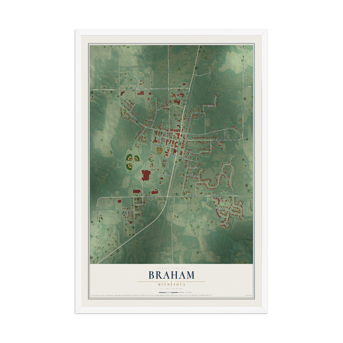 Map of Braham, Minnesota, 12 x 18 inch print in a white wood frame