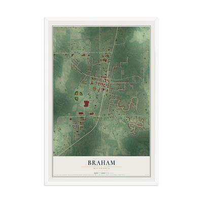 Map of Braham, Minnesota, 12 x 18 inch print in a white wood frame