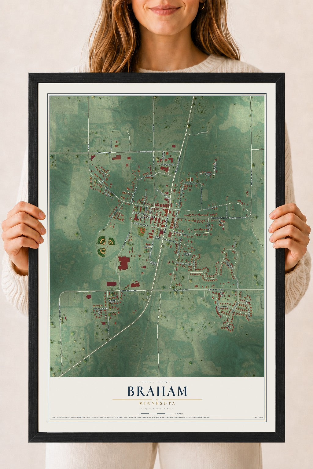 Map of Braham, Minnesota, 18 x 24 inch print in a black wood frame