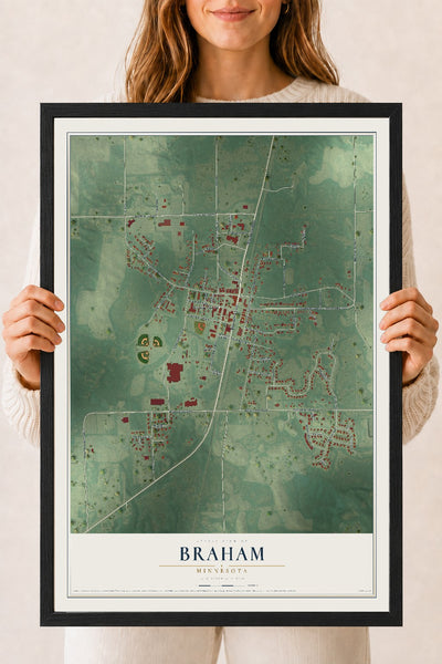 Map of Braham, Minnesota, 18 x 24 inch print in a black wood frame