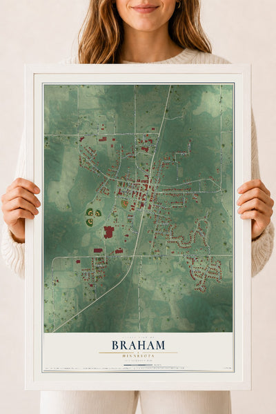 Map of Braham, Minnesota, 18 x 24 inch print in a white wood frame