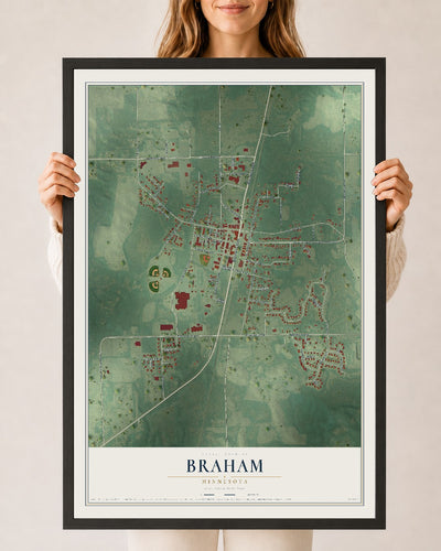 Map of Braham, Minnesota, 24 x 36 inch print in a black wood frame