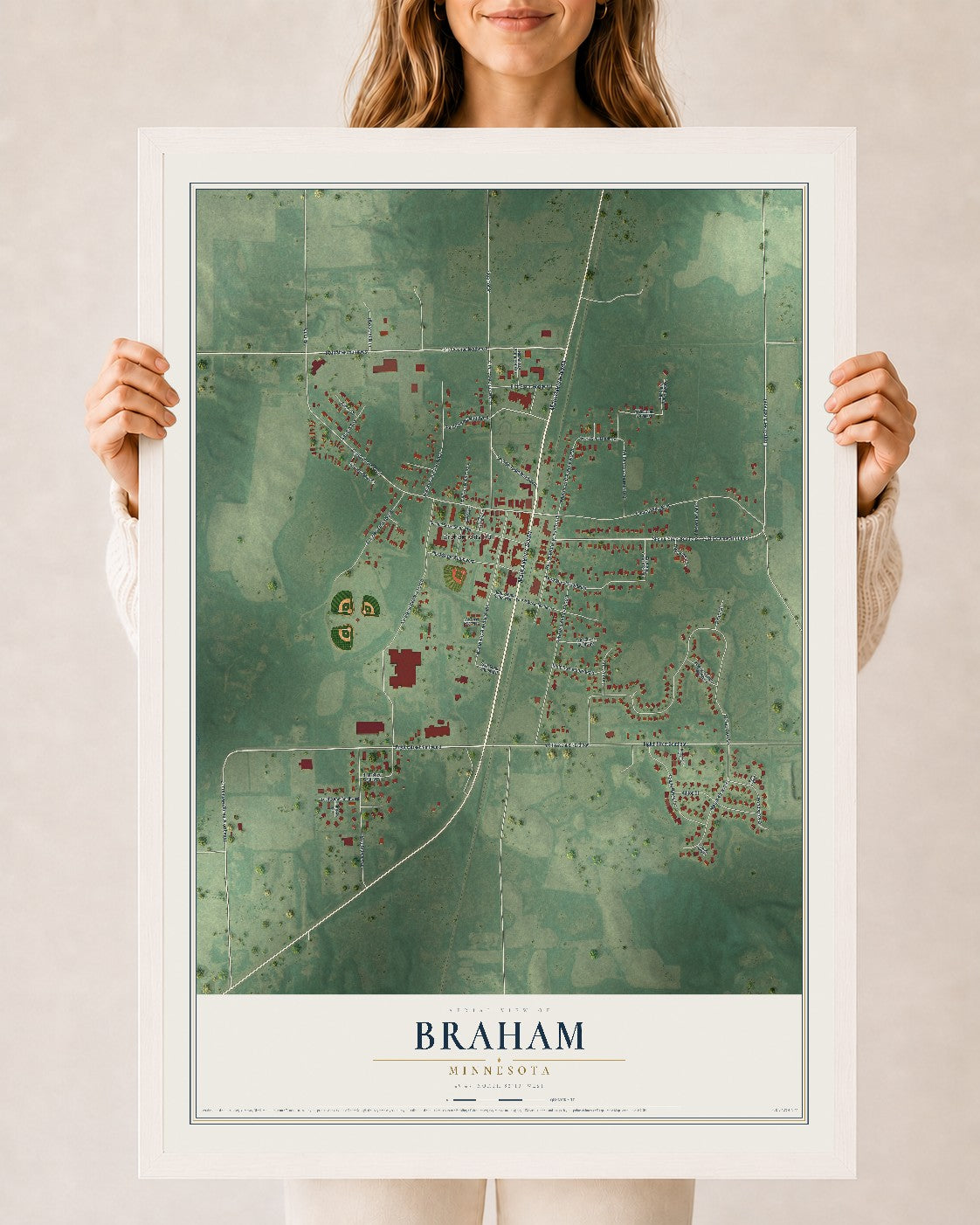 Map of Braham, Minnesota, 24 x 36 inch print in a white wood frame