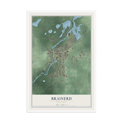 Map of Brainerd, Minnesota, 12 x 18 inch print in a white wood frame