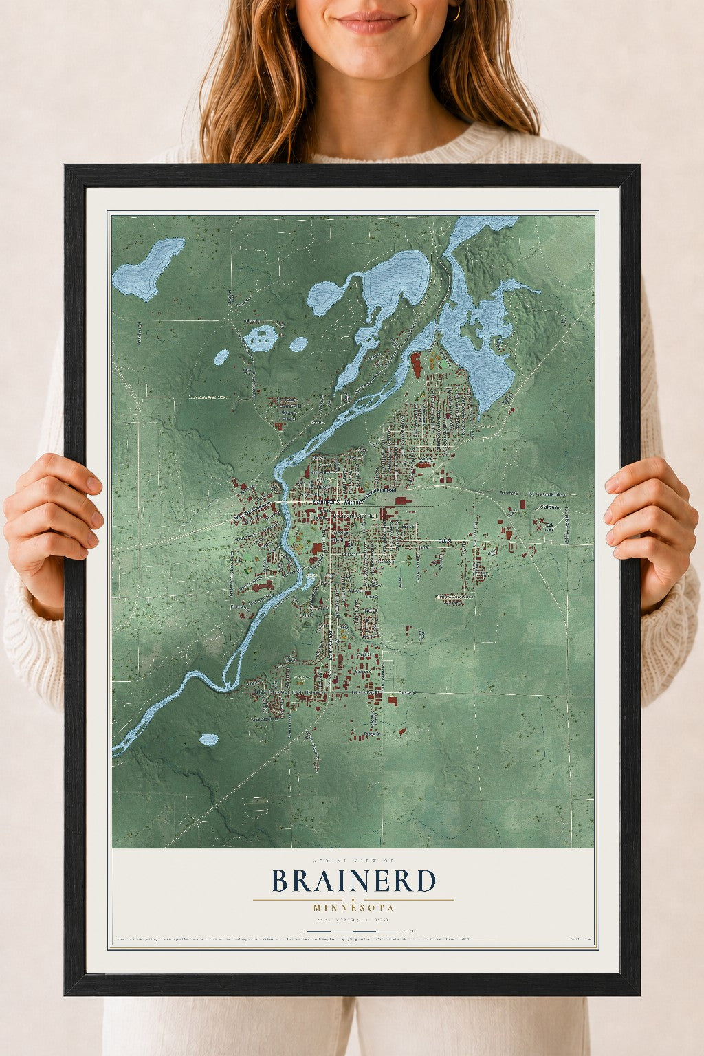 Map of Brainerd, Minnesota, 18 x 24 inch print in a black wood frame