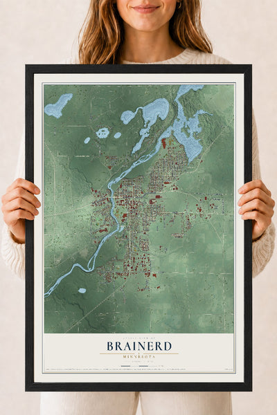 Map of Brainerd, Minnesota, 18 x 24 inch print in a black wood frame