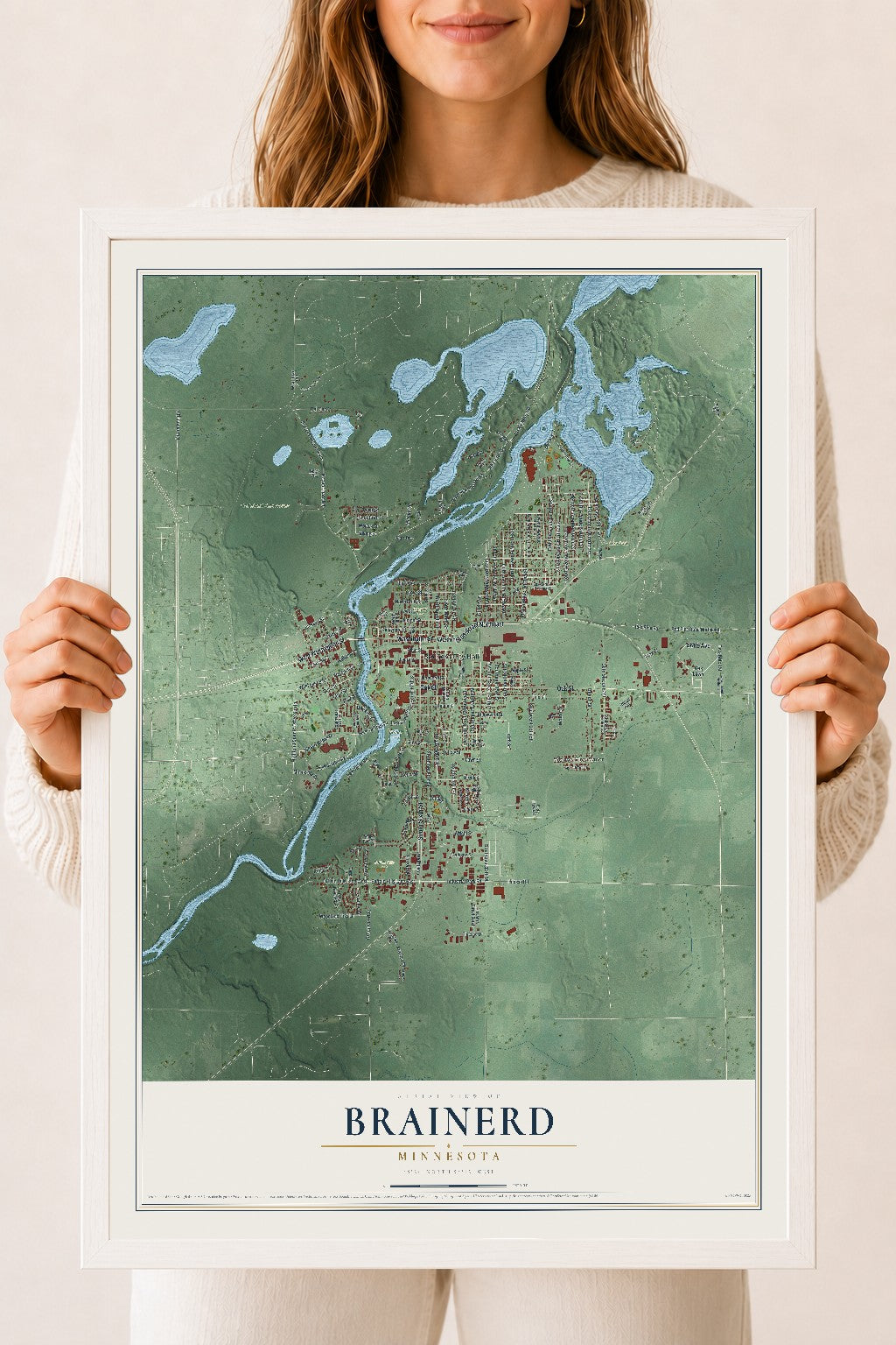 Map of Brainerd, Minnesota, 18 x 24 inch print in a white wood frame