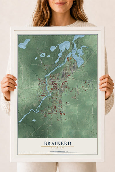 Map of Brainerd, Minnesota, 18 x 24 inch print in a white wood frame