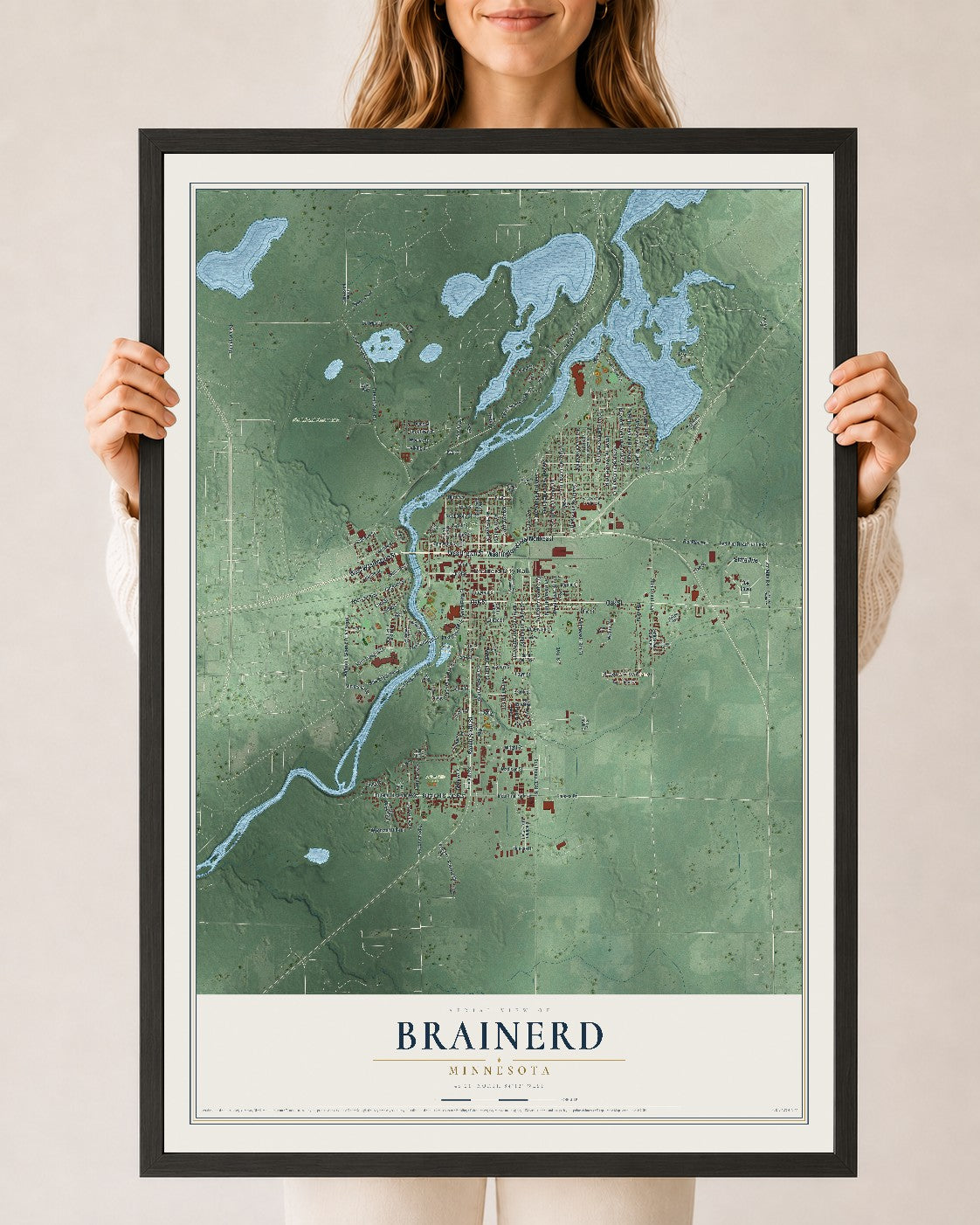 Map of Brainerd, Minnesota, 24 x 36 inch print in a black wood frame