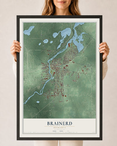 Map of Brainerd, Minnesota, 24 x 36 inch print in a black wood frame