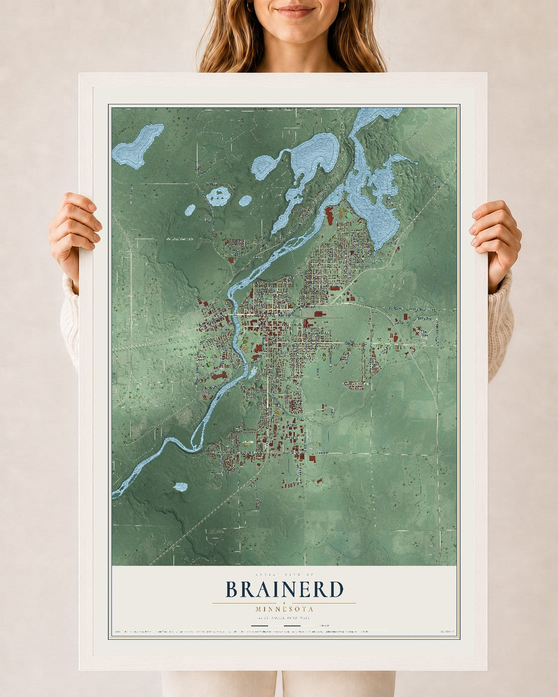 Map of Brainerd, Minnesota, 24 x 36 inch print in a white wood frame