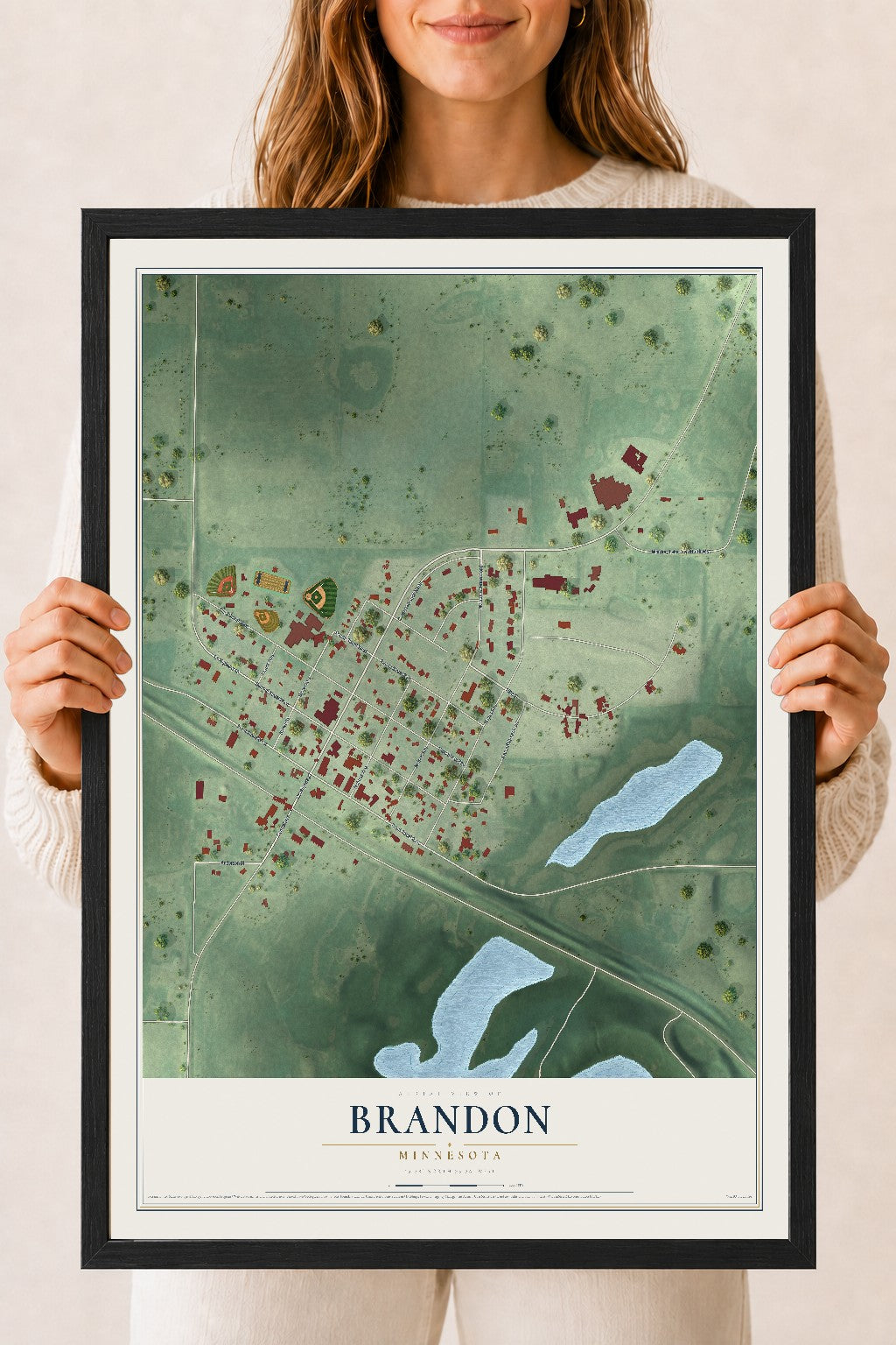 Map of Brandon, Minnesota, 18 x 24 inch print in a black wood frame