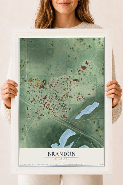 Map of Brandon, Minnesota, 18 x 24 inch print in a white wood frame