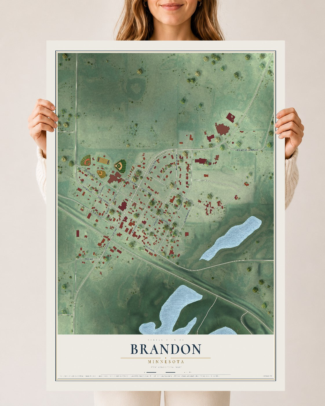 Map of Brandon, Minnesota, 24 x 36 inch unframed archival matte print