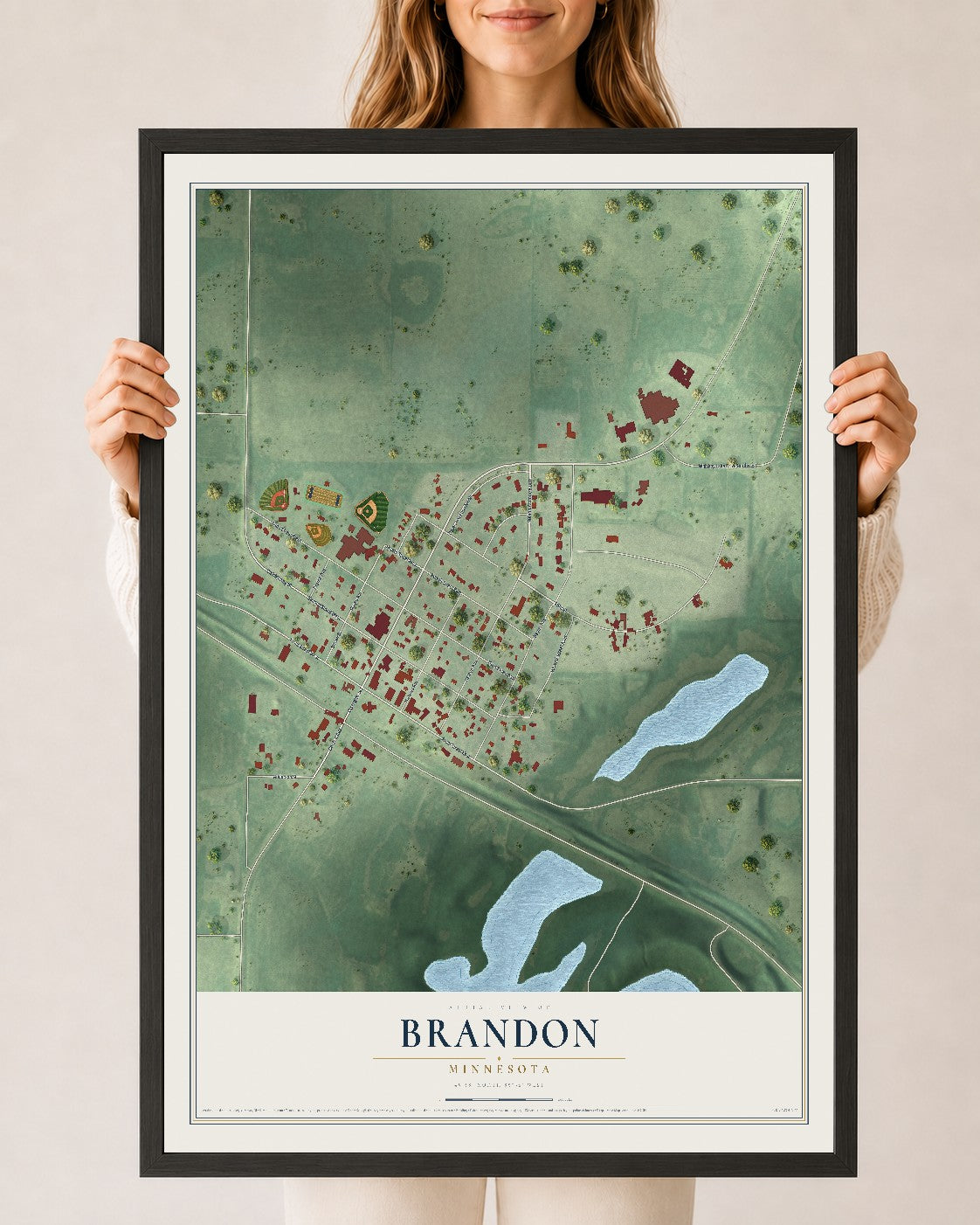 Map of Brandon, Minnesota, 24 x 36 inch print in a black wood frame