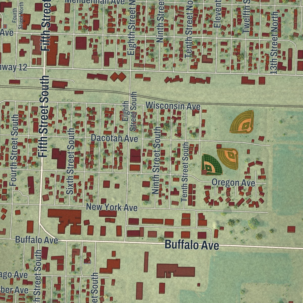 Close-up of the map of Breckenridge, Minnesota print showing street and building detail