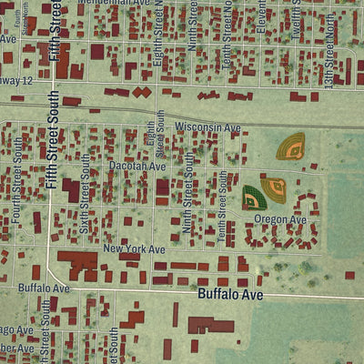 Close-up of the map of Breckenridge, Minnesota print showing street and building detail