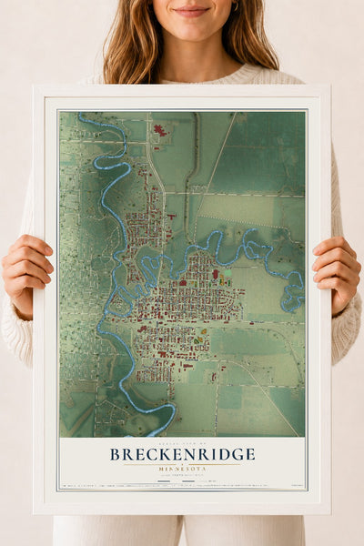 Map of Breckenridge, Minnesota, 18 x 24 inch print in a white wood frame