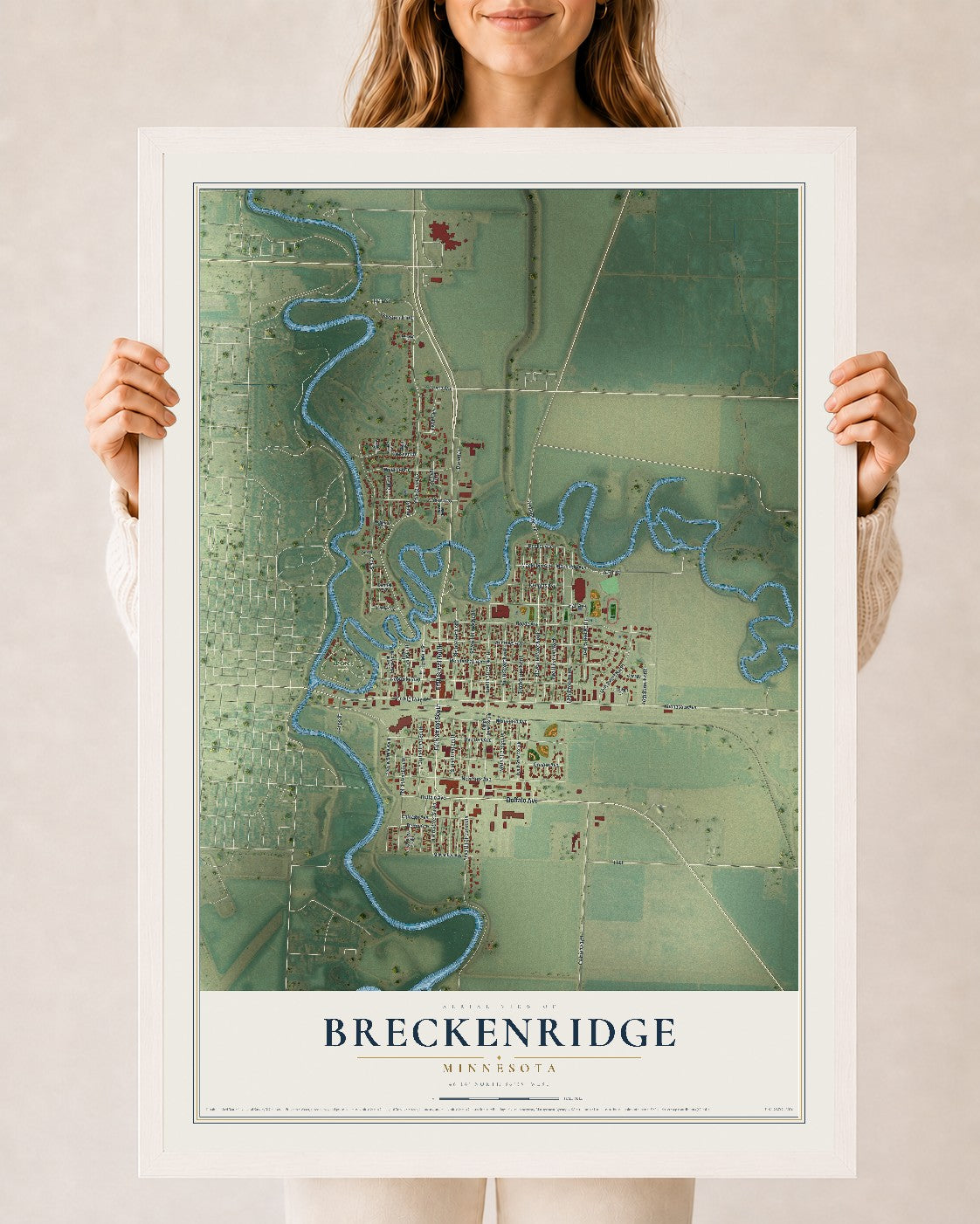 Map of Breckenridge, Minnesota, 24 x 36 inch print in a white wood frame