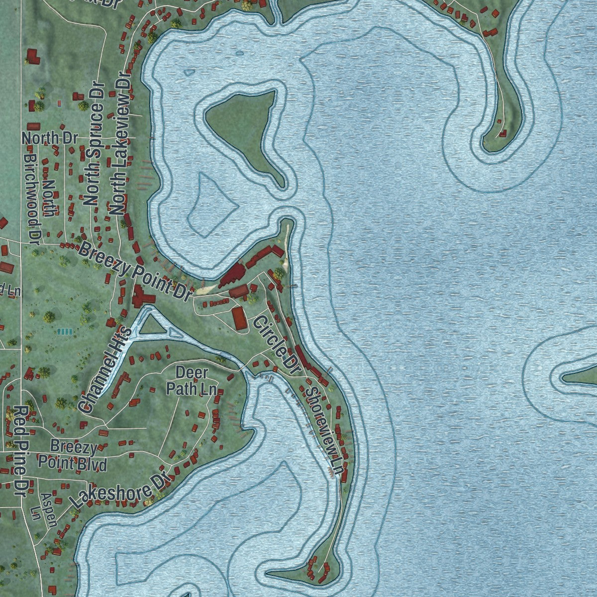 Close-up of the map of Breezy Point, Minnesota print showing street and building detail