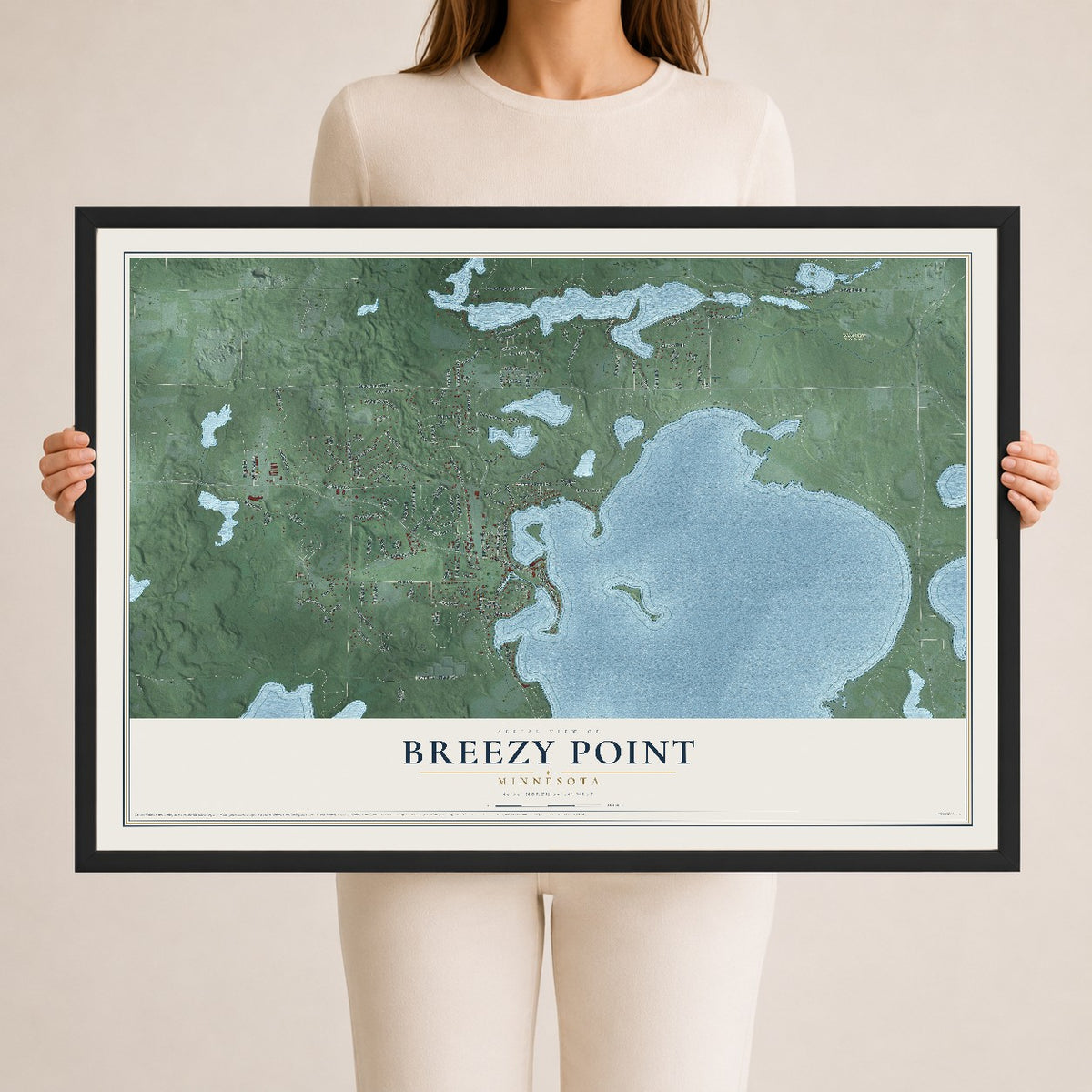 Map of Breezy Point, Minnesota, 24 x 36 inch print in a black wood frame
