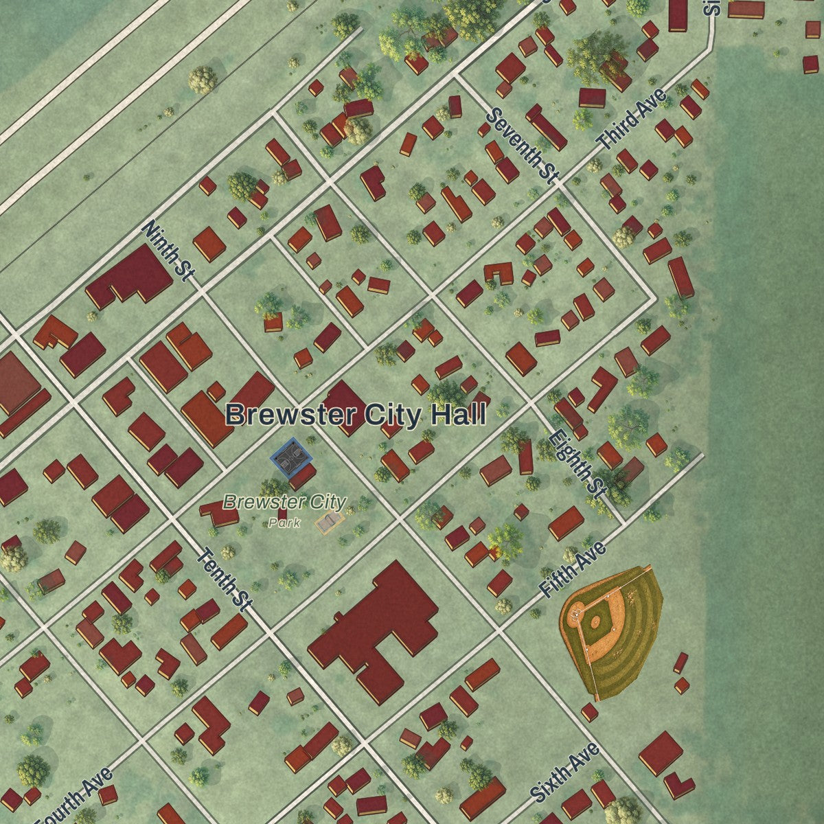 Close-up of the map of Brewster, Minnesota print showing street and building detail