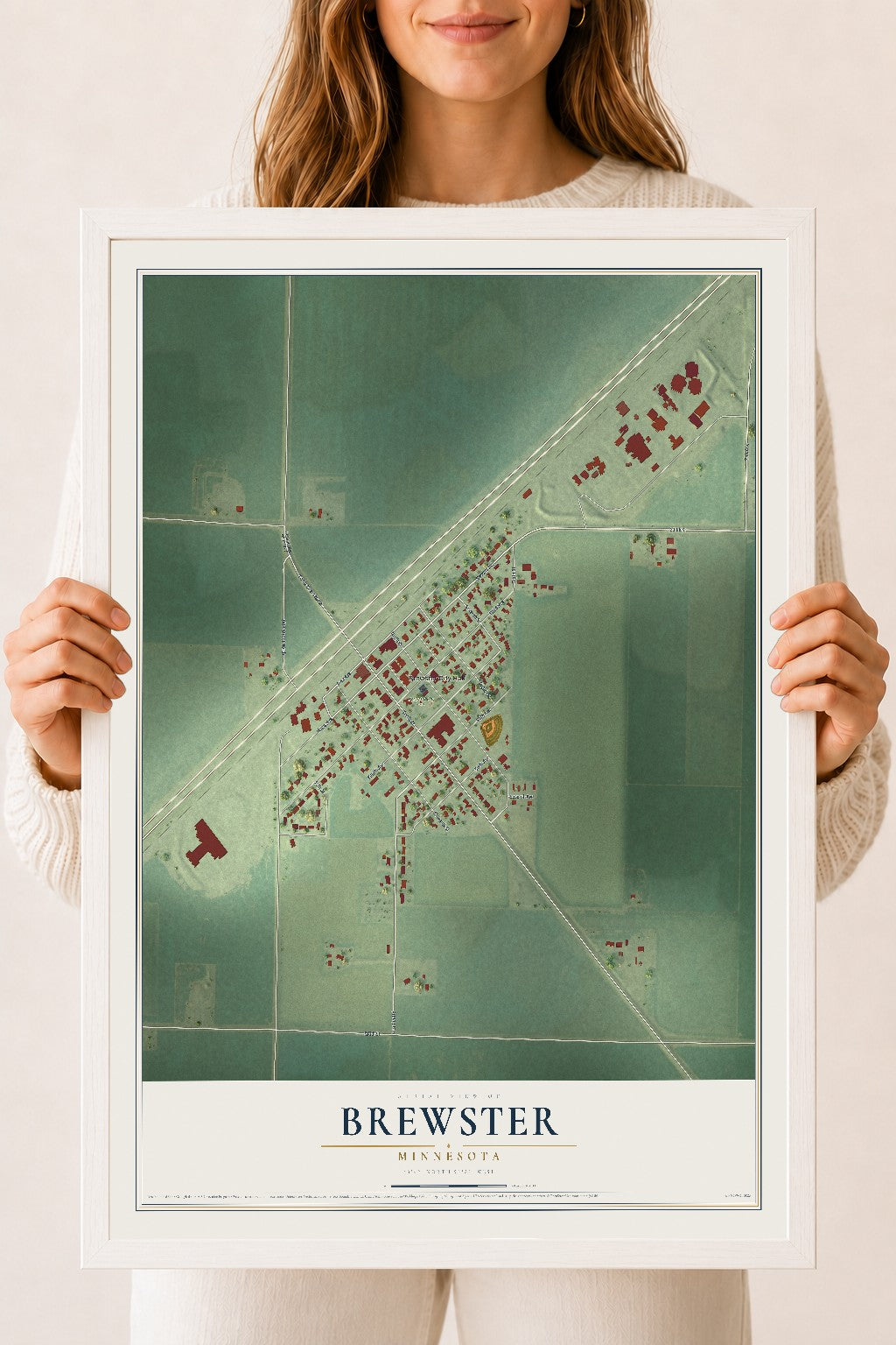 Map of Brewster, Minnesota, 18 x 24 inch print in a white wood frame