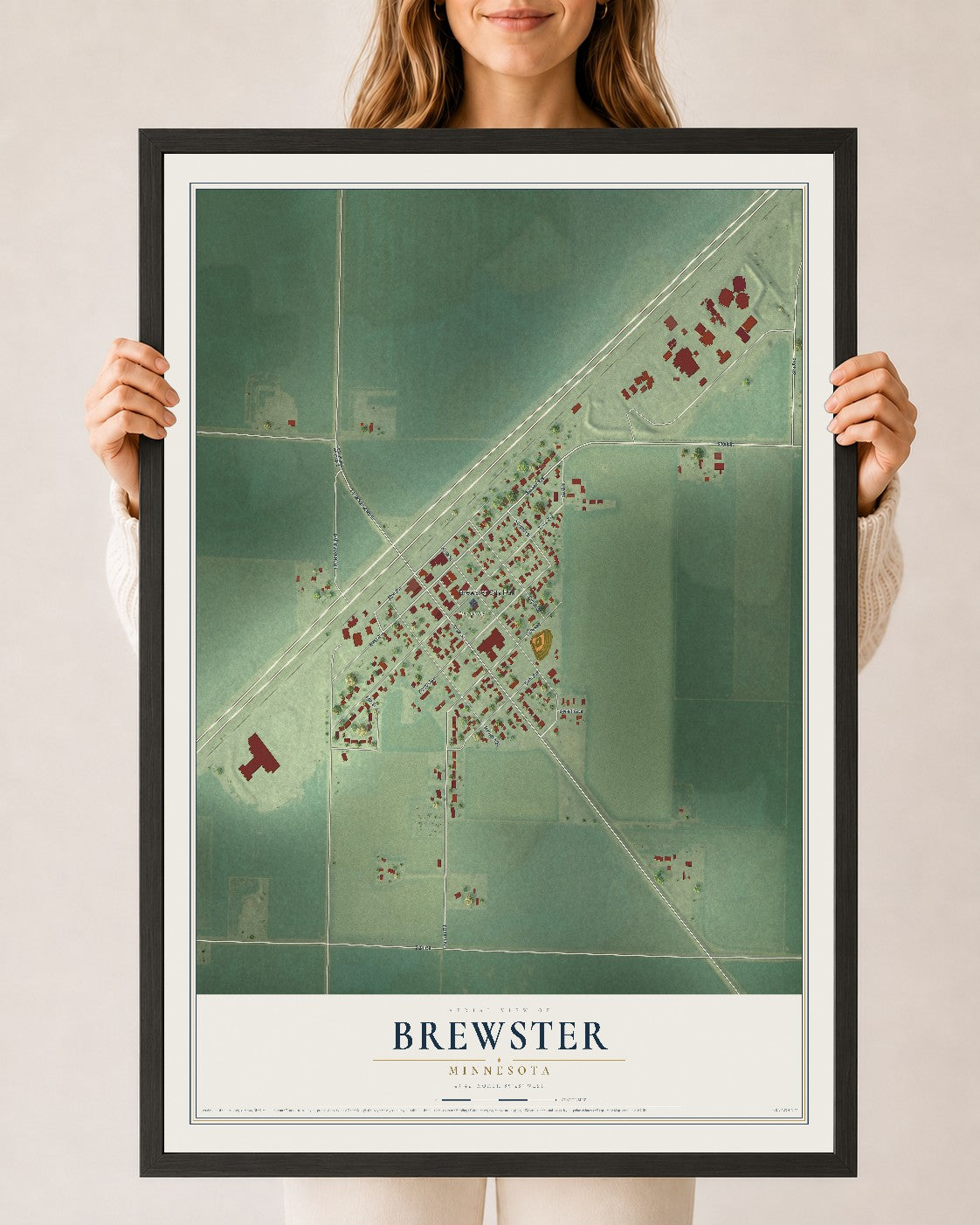 Map of Brewster, Minnesota, 24 x 36 inch print in a black wood frame
