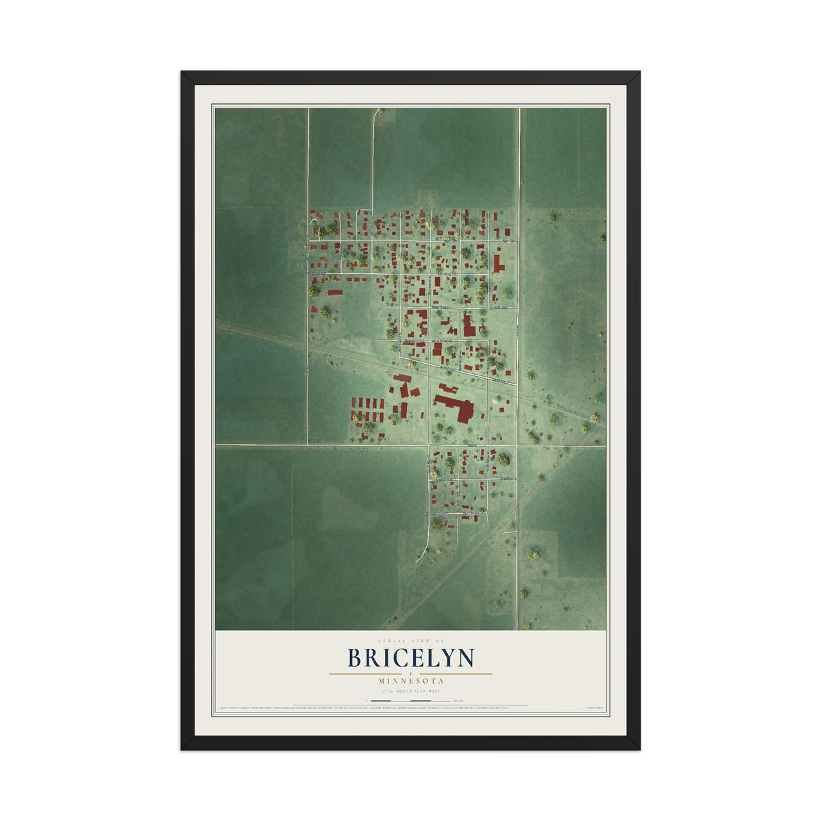 Map of Bricelyn, Minnesota, 12 x 18 inch print in a black wood frame