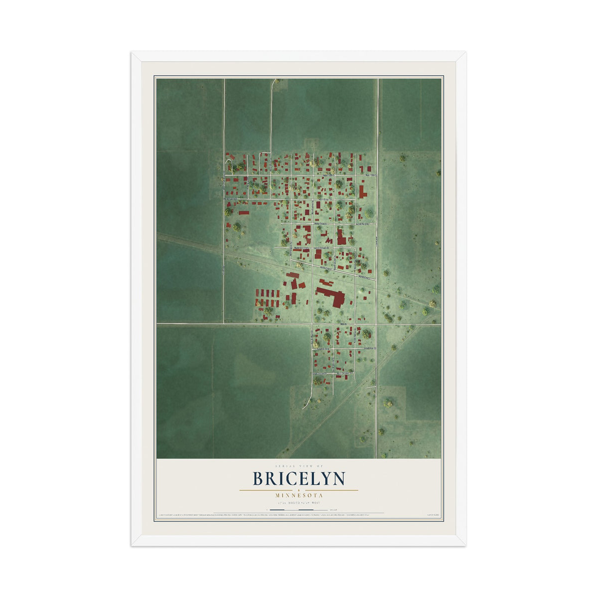 Map of Bricelyn, Minnesota, 12 x 18 inch print in a white wood frame