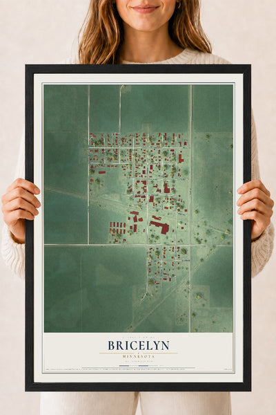Map of Bricelyn, Minnesota, 18 x 24 inch print in a black wood frame