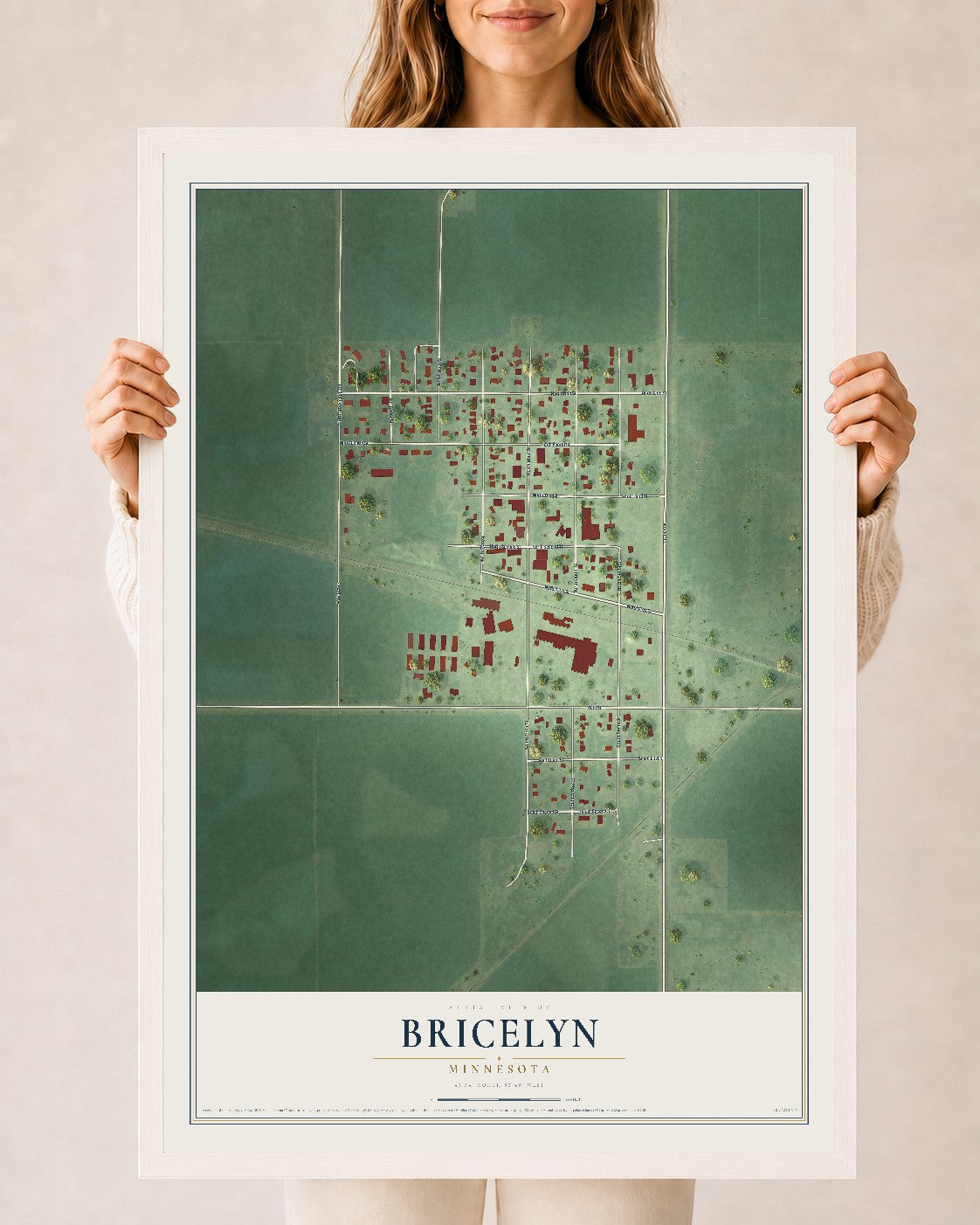 Map of Bricelyn, Minnesota, 24 x 36 inch print in a white wood frame