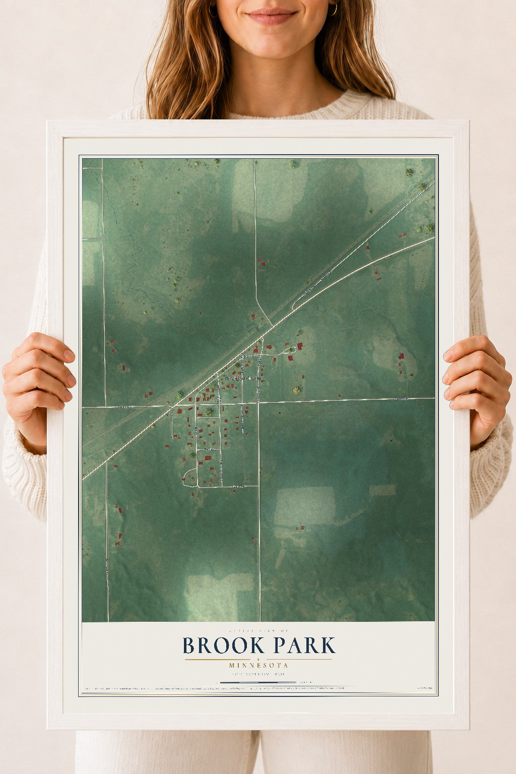 Map of Brook Park, Minnesota, 18 x 24 inch print in a white wood frame