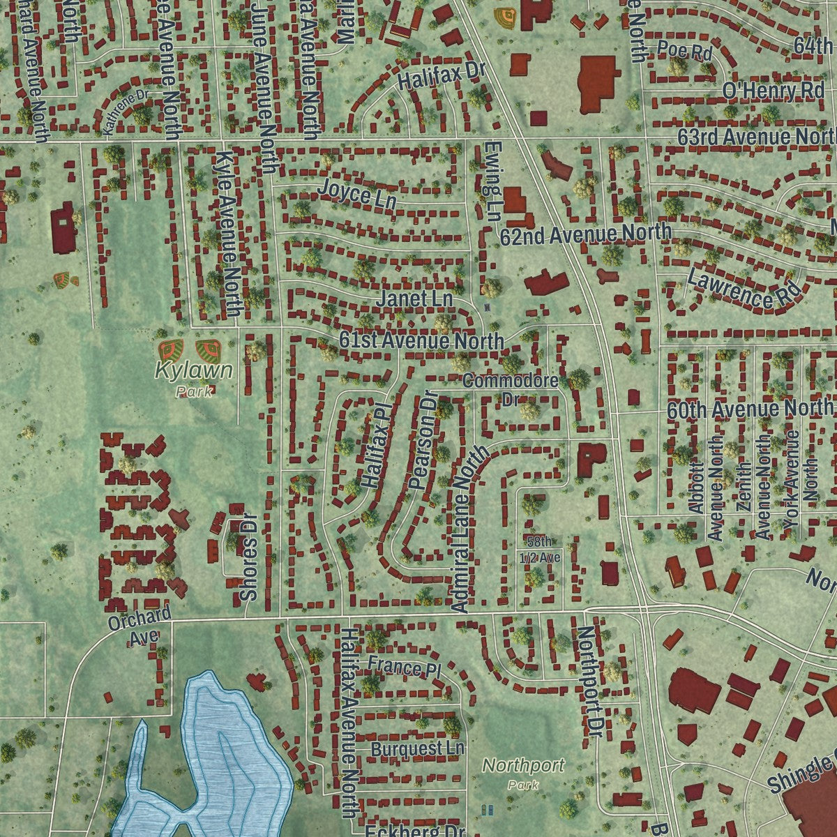 Close-up of the map of Brooklyn Center, Minnesota print showing street and building detail