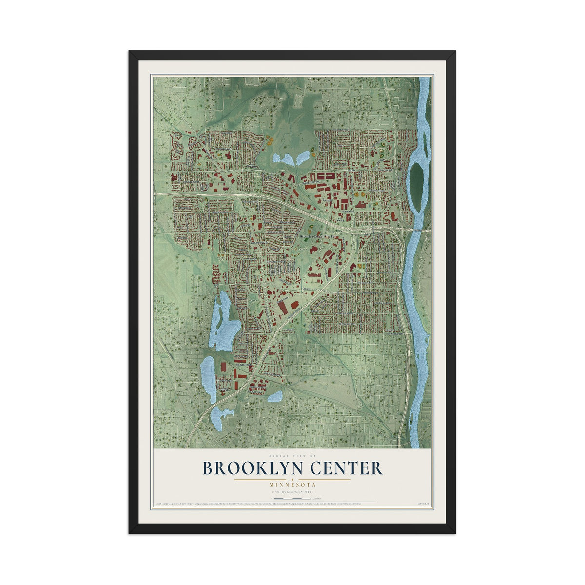 Map of Brooklyn Center, Minnesota, 12 x 18 inch print in a black wood frame