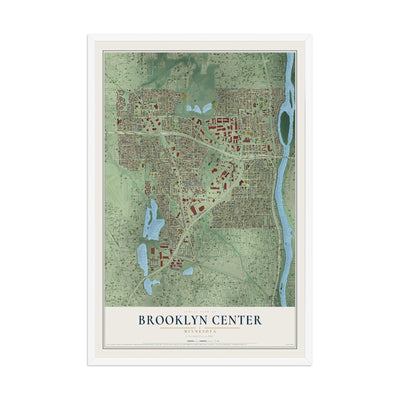 Map of Brooklyn Center, Minnesota, 12 x 18 inch print in a white wood frame