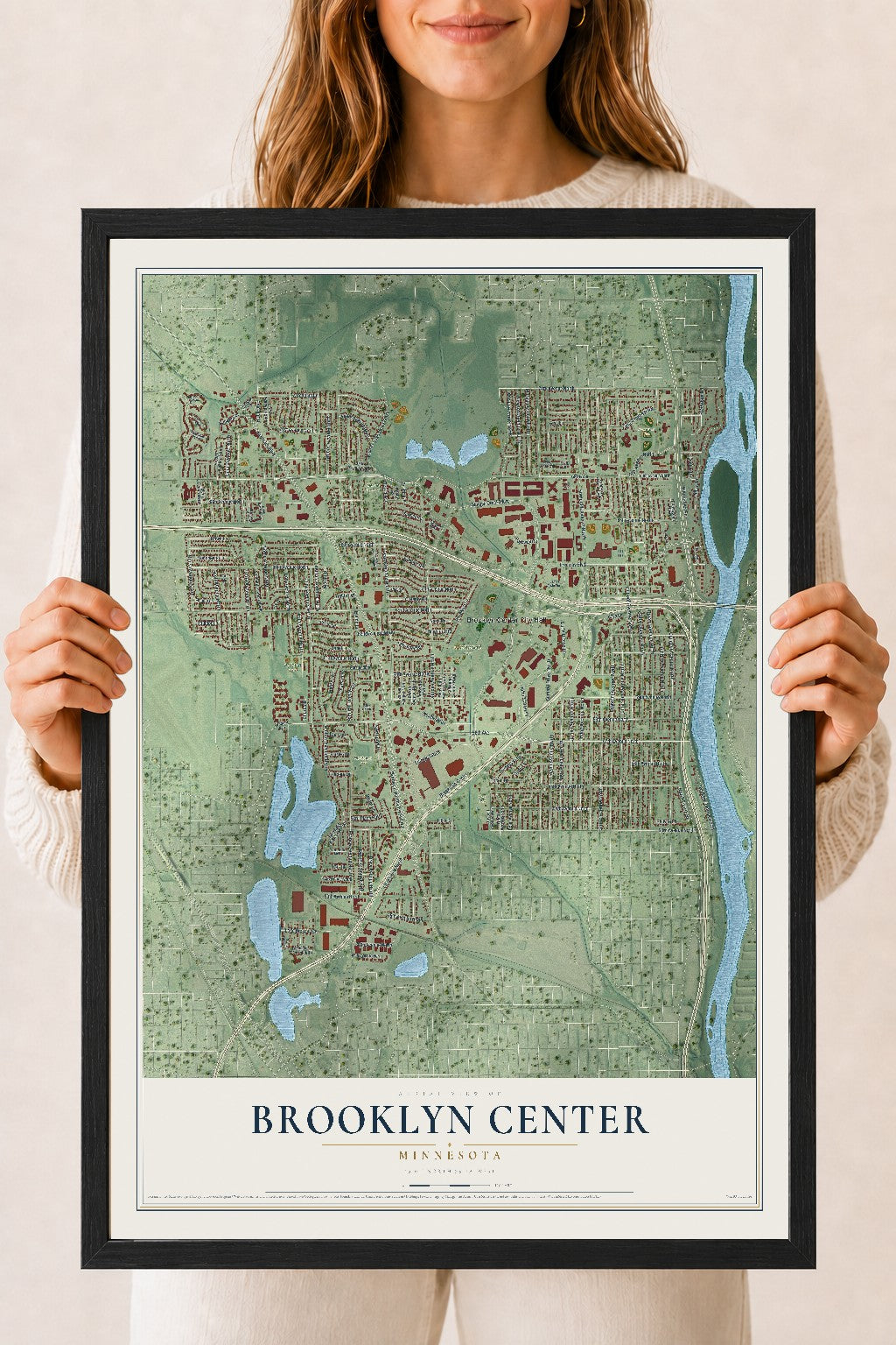 Map of Brooklyn Center, Minnesota, 18 x 24 inch print in a black wood frame