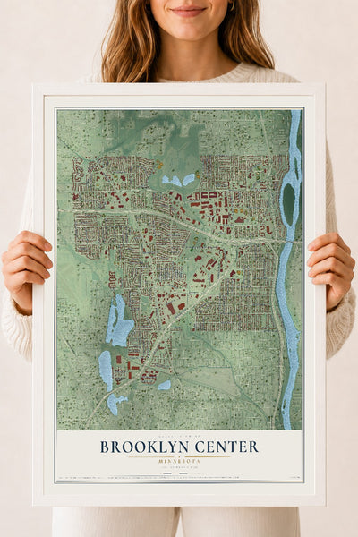 Map of Brooklyn Center, Minnesota, 18 x 24 inch print in a white wood frame
