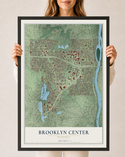 Map of Brooklyn Center, Minnesota, 24 x 36 inch print in a black wood frame